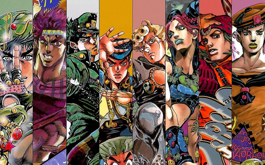 JoJo's Bizarre Adventure Character Lineup in Vibrant Manga Style HD wallpaper