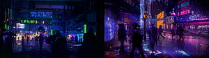 Cyberpunk Night City Street Scene with Neon Signs and Rainy Atmosphere HD wallpaper