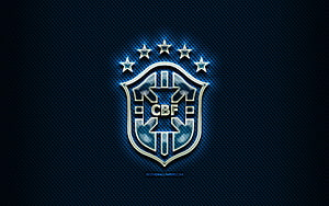 Brazil National Football Team CBF Crest with Five Stars on Dark Blue Textured Background HD wallpaper