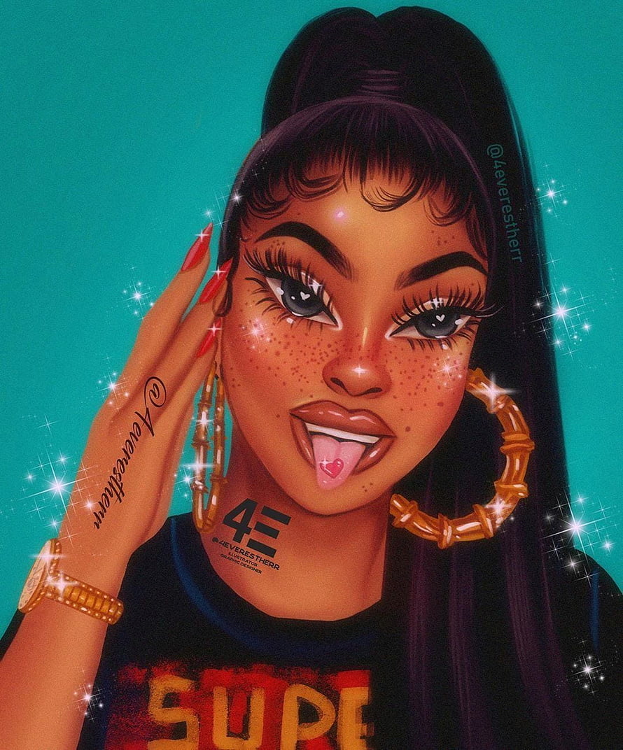 Digital Illustration of a Freckled Woman with High Ponytail and Gold Hoop Earrings HD phone wallpaper