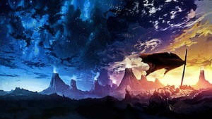 Tengen Toppa Gurren Lagann Volcanic Landscape with Tattered Flag at Dusk HD wallpaper