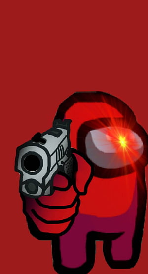 Red Impostor Among Us Character Aiming Pistol With Glowing Visor On Dark Red Background HD phone wallpaper