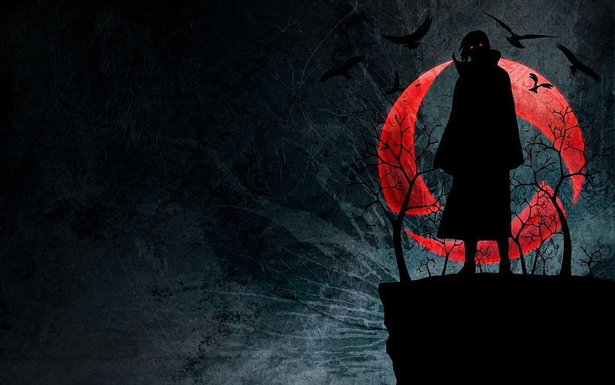 Dark Silhouette Figure with Glowing Red Eyes Against a Blood Moon and Crows HD wallpaper