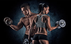 Muscular Man And Woman Lifting Dumbbells In Dramatic Gym Lighting, Most viewed Fitness, fitness couple HD wallpaper
