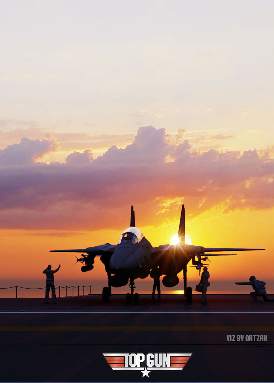 Top Gun Maverick F-14 Tomcat Silhouette on Aircraft Carrier Deck at Sunset HD phone wallpaper