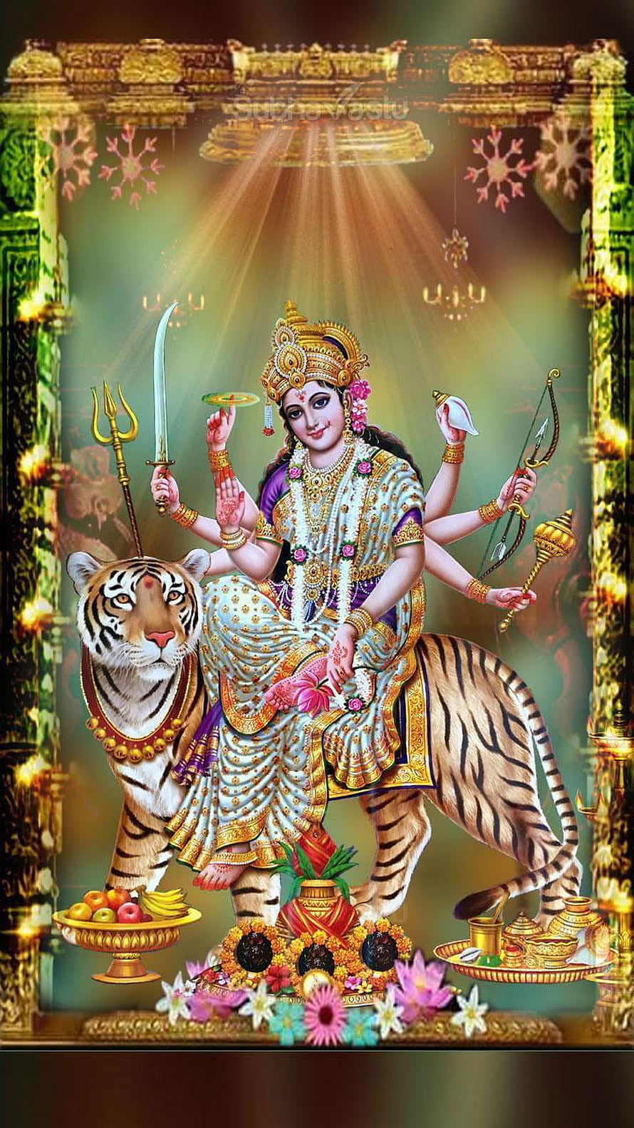 Goddess Durga Riding a Tiger with Multiple Arms Holding Sacred Weapons and Offerings HD phone wallpaper