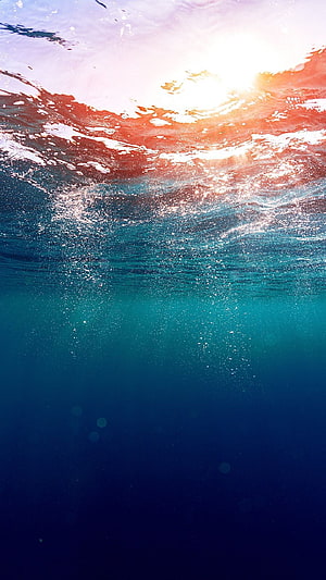 Underwater Ocean Surface with Sunlight Rays and Bubbles in Deep Blue Water HD phone wallpaper