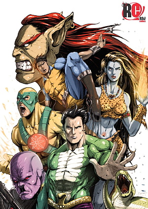 Raj Comics Superhero Team Illustration with Mythical Horse Head and Snake HD phone wallpaper