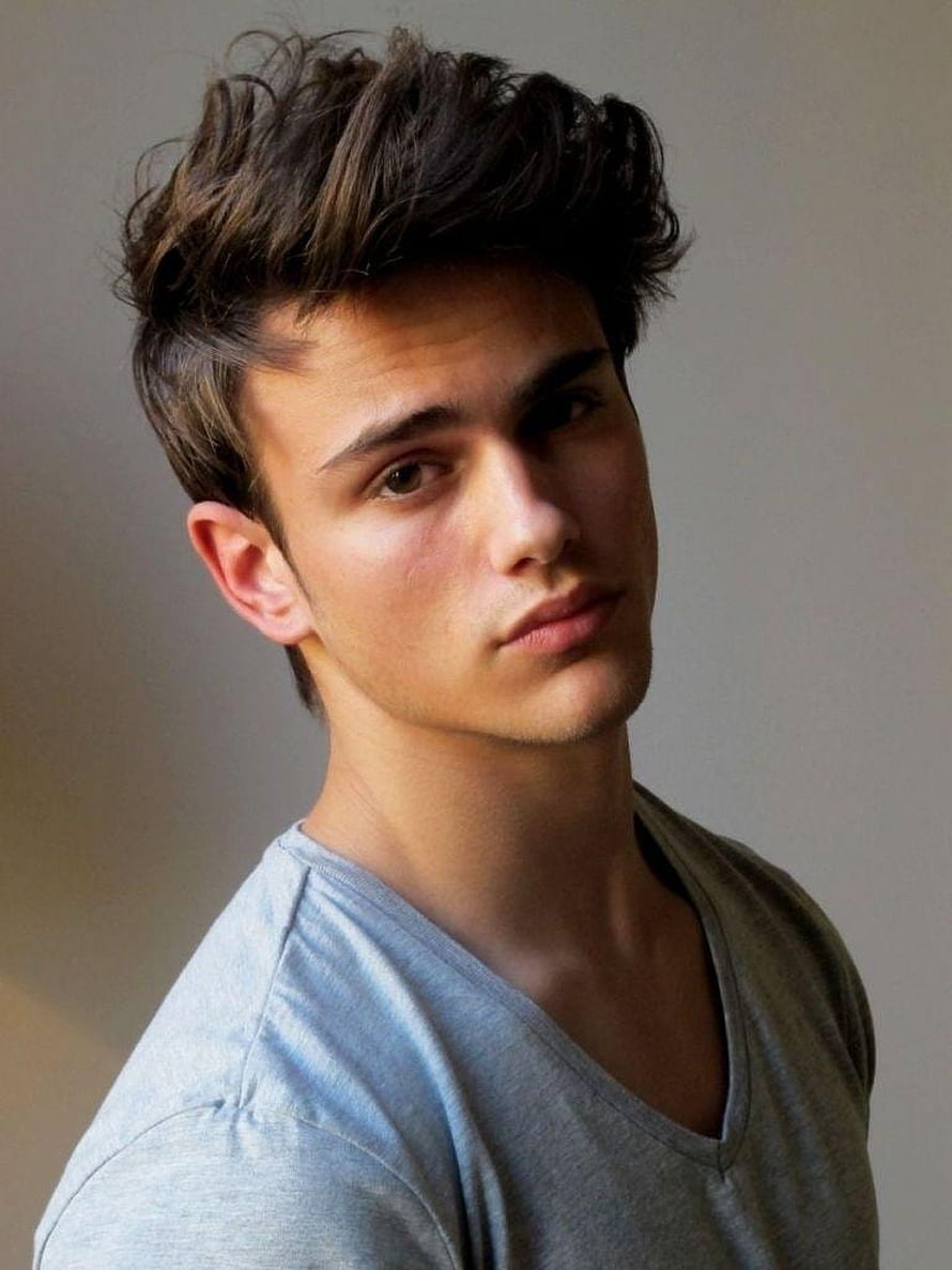 Young Man With Textured Brown Hair In Grey V-Neck T-Shirt HD phone wallpaper