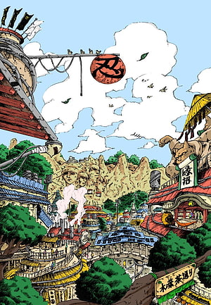 Hidden Leaf Village Panorama with Giant Stone Faces and Red Sun Emblem HD phone wallpaper