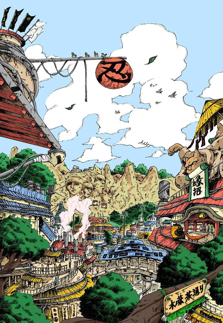 Hidden Leaf Village Panorama with Giant Stone Faces and Red Sun Emblem HD phone wallpaper