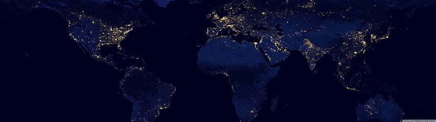 Illuminated World Map at Night with City Lights on Dark Blue Background HD wallpaper