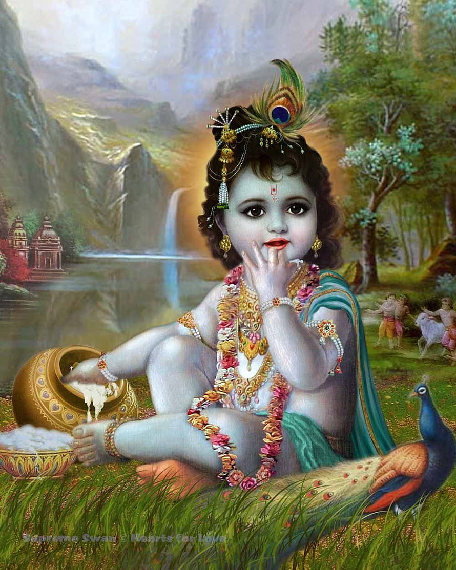 Baby Krishna Stealing Butter in the Vraja Forest with Peacock Feather Crown HD phone wallpaper