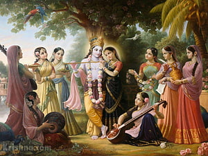 Radha Krishna Playing Flute and Veena in a Lush Garden with Gopis HD wallpaper