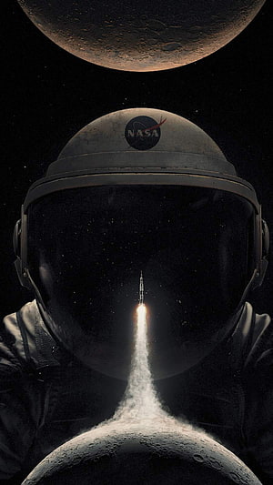NASA Astronaut Helmet with Rocket Launch and Moon in Deep Space HD phone wallpaper
