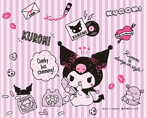 Kuromi Sanrio Character Wallpaper with Pink Stripes and Cute Accessories HD wallpaper