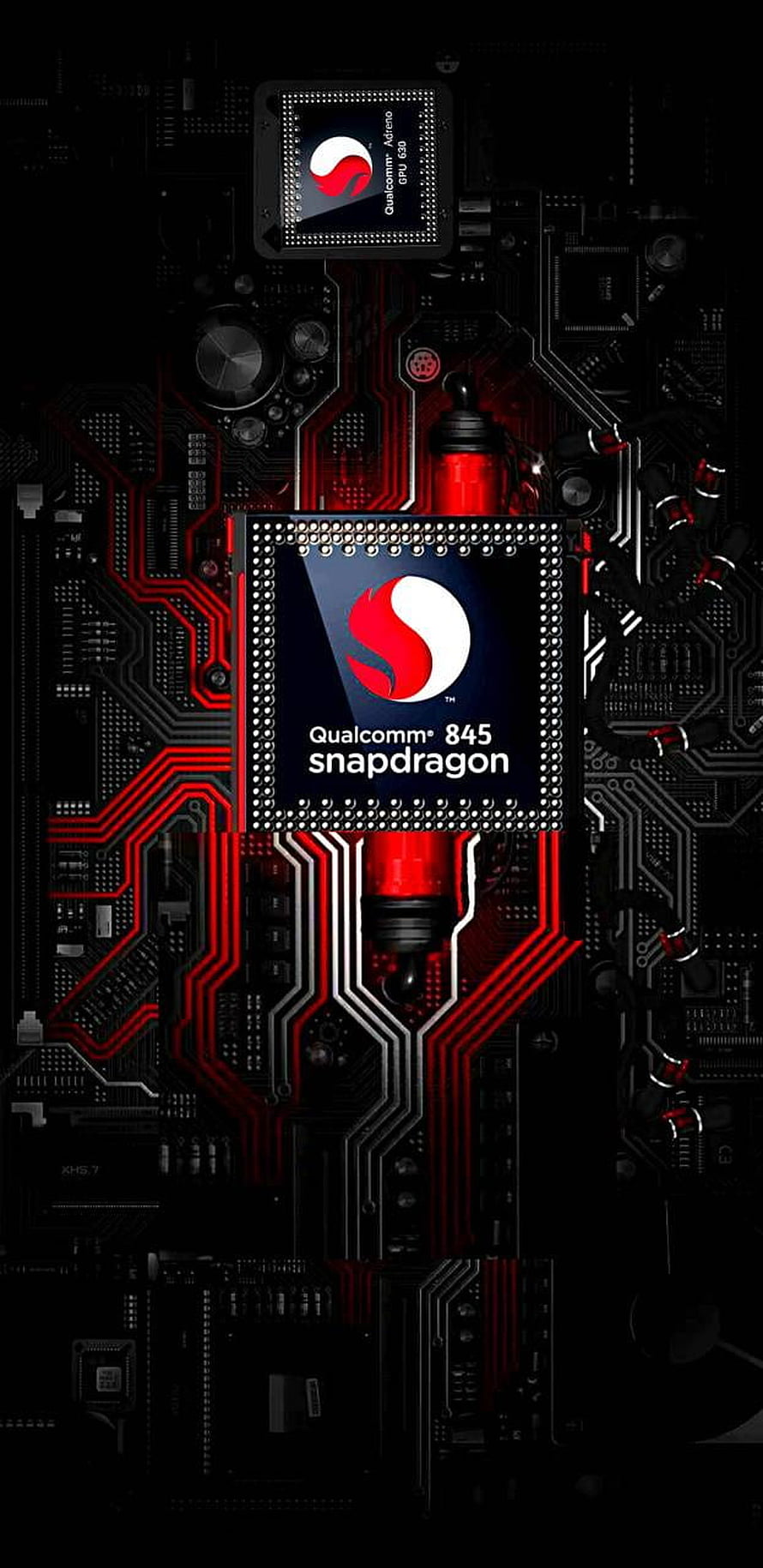 Qualcomm Snapdragon 845 Processor on Dark Circuit Board with Red Traces HD phone wallpaper