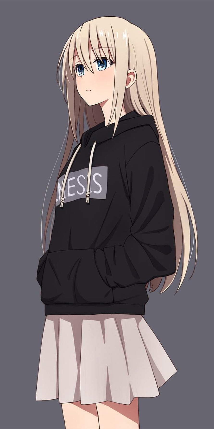 Anime Girl in Black Hoodie and Pleated Skirt with Long Blonde Hair HD phone wallpaper