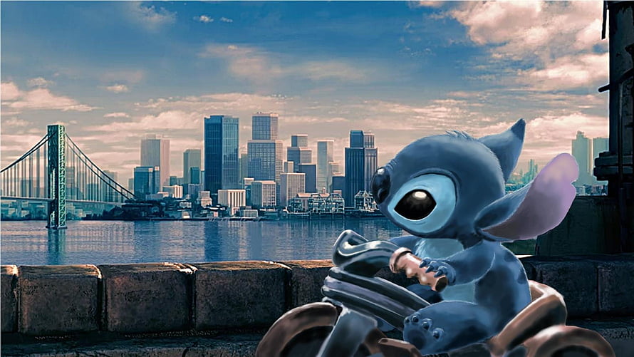 Stitch Riding a Bicycle in Front of a City Skyline and Suspension Bridge HD wallpaper