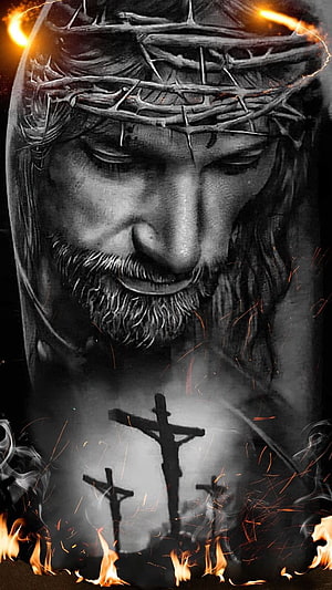 Jesus Christ Crown of Thorns with Crosses and Flames Religious Artwork HD phone wallpaper