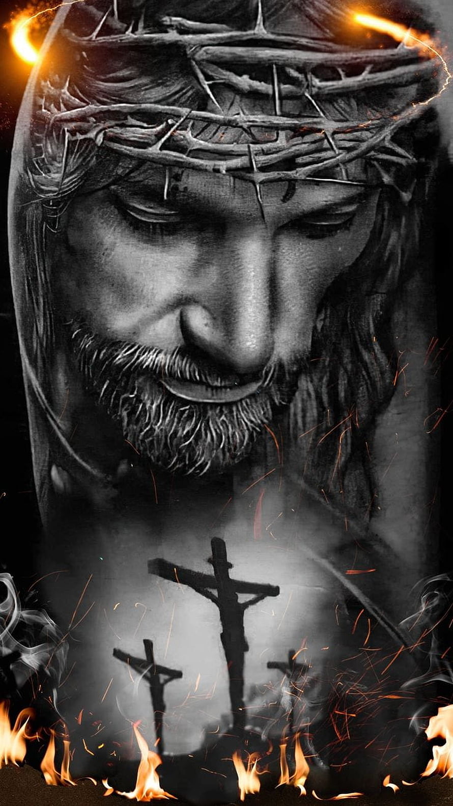 Jesus Christ Crown of Thorns with Crosses and Flames Religious Artwork HD phone wallpaper