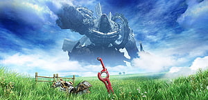 Xenoblade Chronicles 3 colossal mecha looming over a grassy field with a red blade in the foreground HD wallpaper