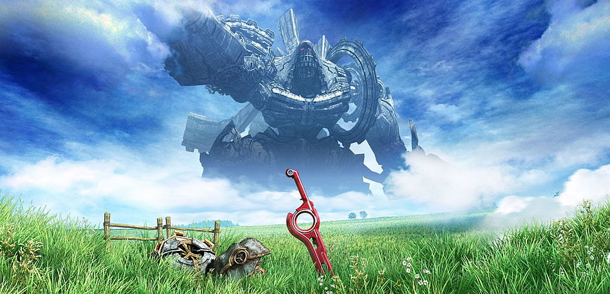 Xenoblade Chronicles 3 colossal mecha looming over a grassy field with a red blade in the foreground HD wallpaper