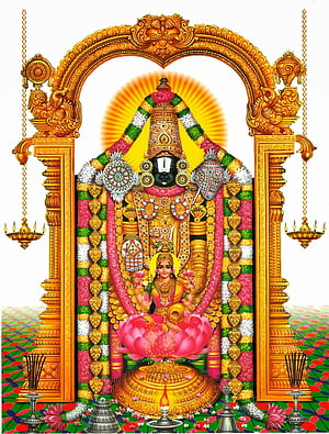 Lord Venkateswara and Goddess Padmavati ornate temple deity illustration with floral garlands and golden arch HD phone wallpaper