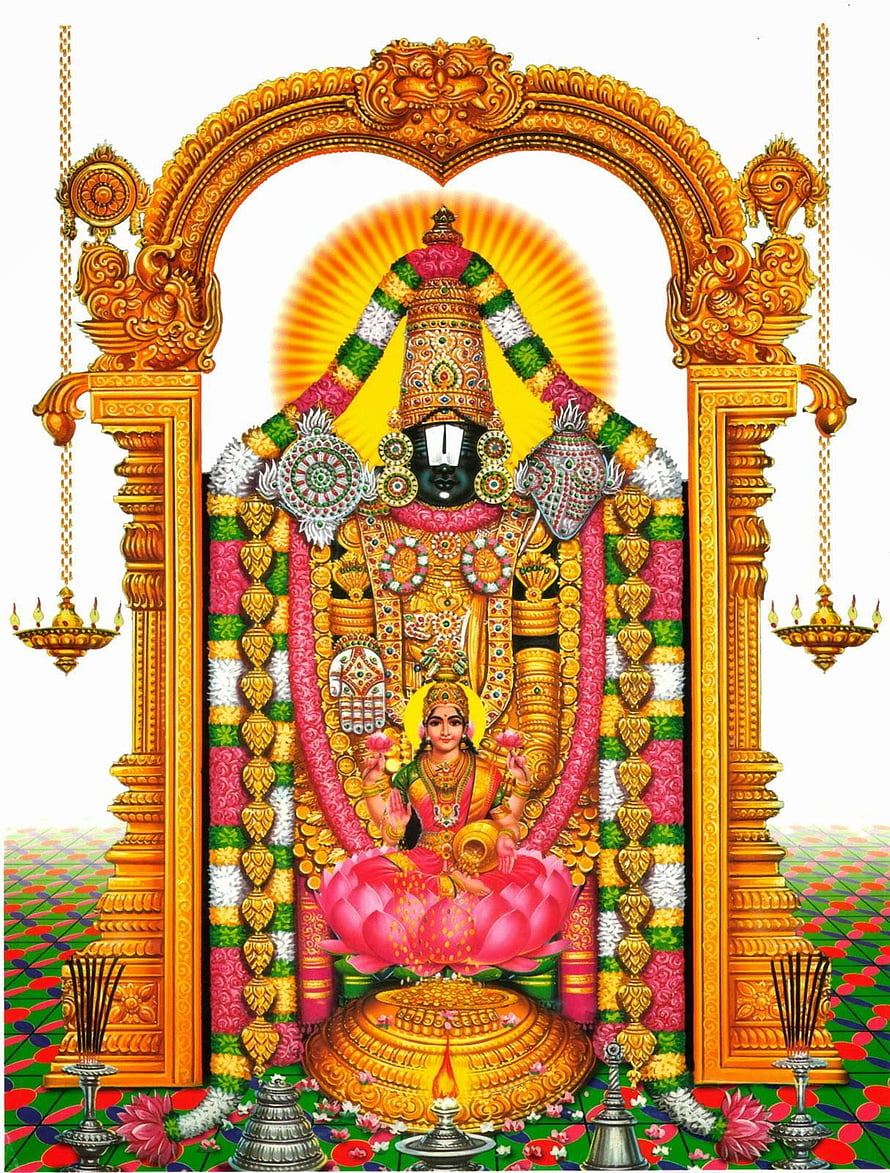 Lord Venkateswara and Goddess Padmavati ornate temple deity illustration with floral garlands and golden arch HD phone wallpaper