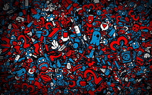 Dense Doodle Art Pattern with Red and Blue Cartoon Characters on Black Background HD wallpaper