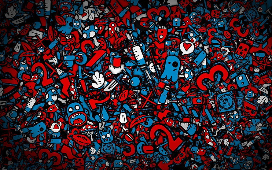 Dense Doodle Art Pattern with Red and Blue Cartoon Characters on Black Background HD wallpaper