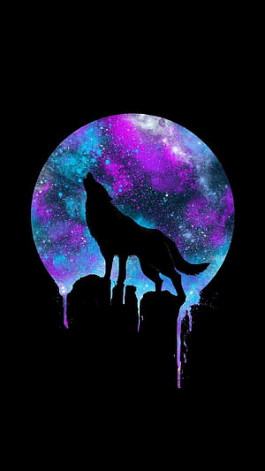 Howling Wolf Silhouette Against Vibrant Purple and Blue Galaxy Nebula Moon HD phone wallpaper