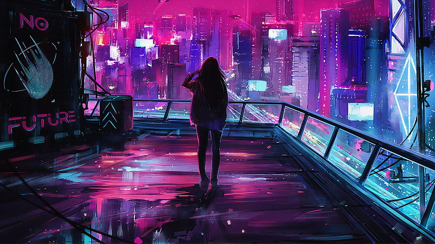 Anime Girl Silhouette on Rooftop Overlooking Neon Cyberpunk Cityscape HD wallpaper