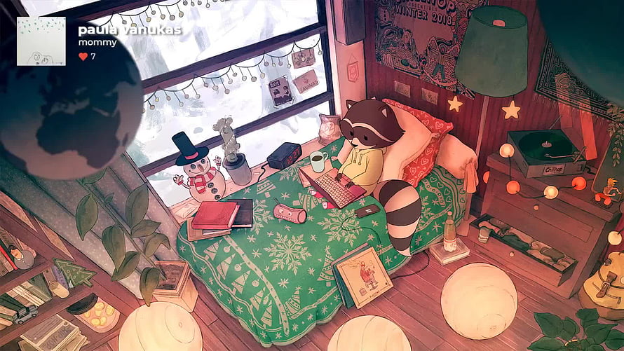 Cozy Winter Bedroom Illustration With Raccoon Character And Snowy Window View HD wallpaper