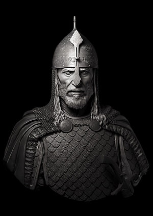 Saladin Medieval Warrior Bust in Ornate Scale Armor and Helmet HD phone wallpaper
