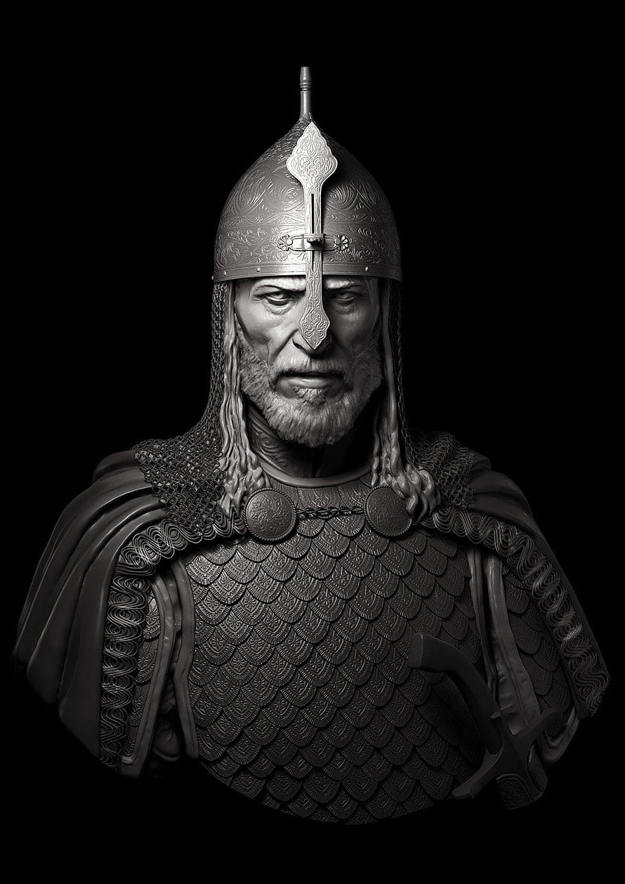 Saladin Medieval Warrior Bust in Ornate Scale Armor and Helmet HD phone wallpaper
