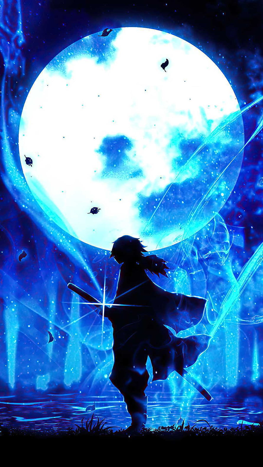 Giyu Tomioka Silhouette Standing Before a Glowing Full Moon in a Blue Fantasy Landscape HD phone wallpaper
