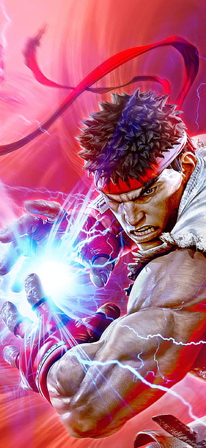 Ryu unleashing a glowing Hadouken energy blast in Street Fighter V Champion Edition artwork HD phone wallpaper