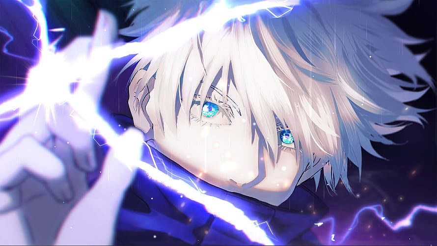 Gojo Satoru from Jujutsu Kaisen with glowing blue eyes and electric energy HD wallpaper