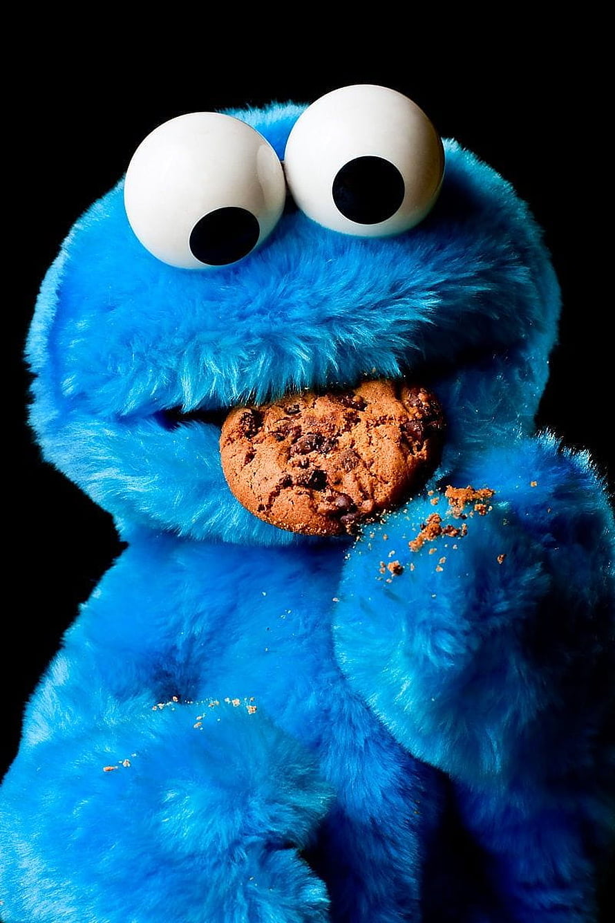 Cookie Monster from Sesame Street Eating a Chocolate Chip Cookie on Black Background HD phone wallpaper