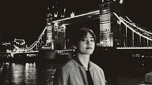 Kim Taehyung in Black and White Portrait with Tower Bridge London at Night HD wallpaper