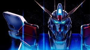 Gundam Mecha Head with Glowing Cyan Eyes and Red Accents Against a Starry Space Background HD wallpaper