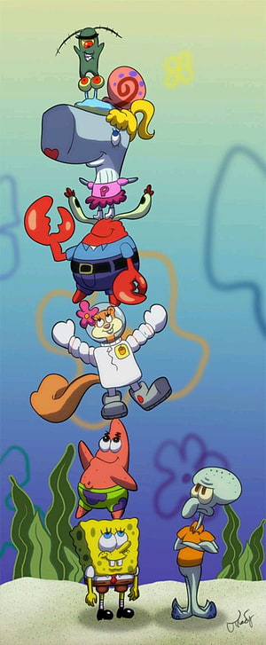 SpongeBob SquarePants and Friends Stacked in a Tower Underwater HD phone wallpaper