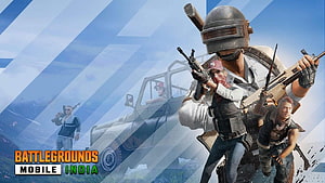 Battlegrounds Mobile India Promotional Art Featuring Armed Characters and Off-Road Vehicle HD wallpaper