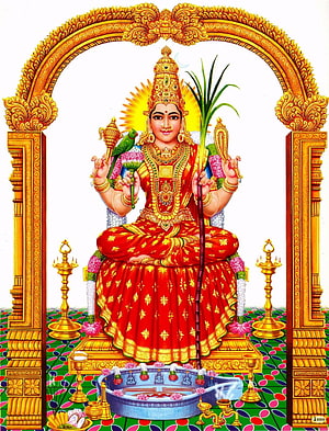 Kamakshi Amman Deity Portrait in Traditional Red Attire with Golden Temple Arch, Shivam: KANCHI KAMAkSHI AMMAN TEMPLE, #amman HD phone wallpaper