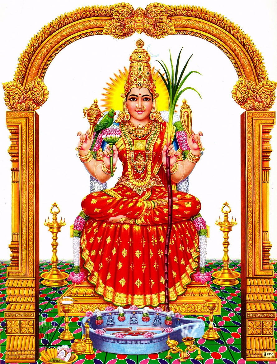 Kamakshi Amman Deity Portrait in Traditional Red Attire with Golden Temple Arch, Shivam: KANCHI KAMAkSHI AMMAN TEMPLE, #amman HD phone wallpaper