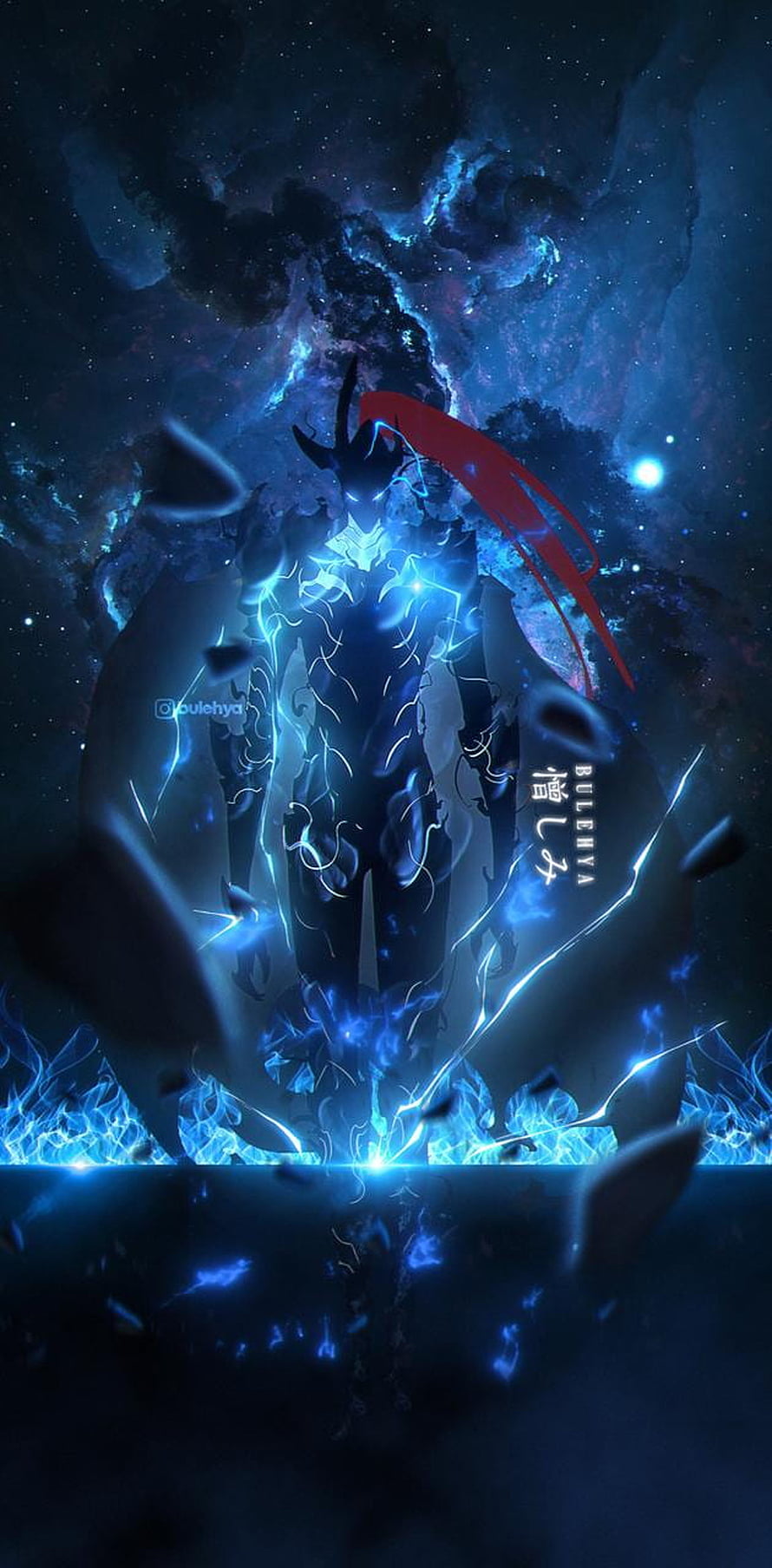 Igris from Solo Leveling in a Cosmic Blue Energy Aura HD phone wallpaper