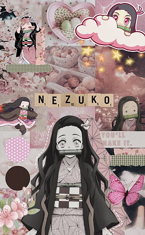 Nezuko Demon Slayer Aesthetic Collage with Cherry Blossoms and Pink Butterflies HD phone wallpaper