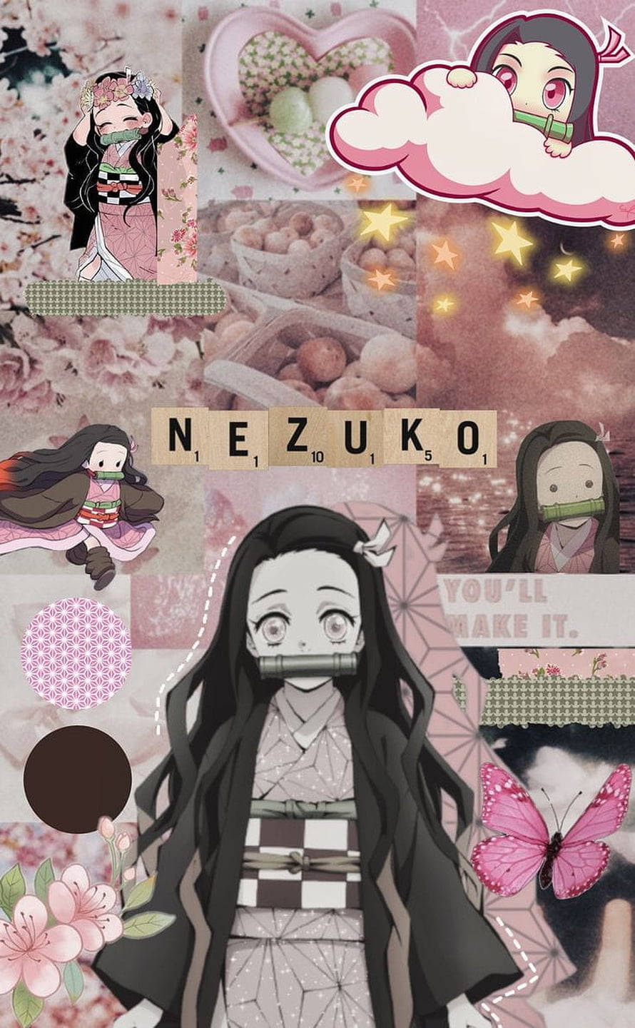 Nezuko Demon Slayer Aesthetic Collage with Cherry Blossoms and Pink Butterflies HD phone wallpaper