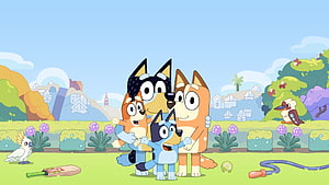 Bluey and Bingo Heeler Family Group Hug in Colorful Garden HD wallpaper